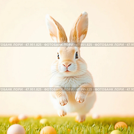 Adorable bunny joyfully hopping among colorful easter eggs on grass. Стоковое AI-изображение, AI-художник Татьяна Лобанова / Фотобанк Лори