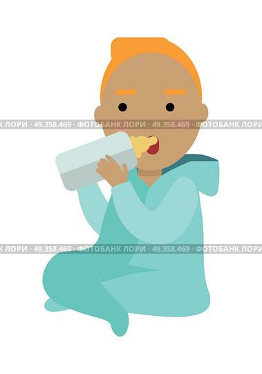 Adorable Child Drinking From Bottle Isolated. Adorable child drinking from bottle isolated on white. Little european baby drinks milk from the bottle. Small toddler sit and eat meal. Part of series of people of the world. Vector in flat style. Стоковая иллюстрация, агентство Ingram Publishing / Фотобанк Лори