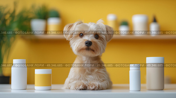 Adorable Yorkshire Terrier with Pet Supplement Bottles in Bright Modern Setting. Очаровательный йоркширский терьер с бутылочками с добавками для животных в яркой современной обстановке. Стоковое AI-изображение, AI-художник Katsiaryna Repich / Фотобанк Лори