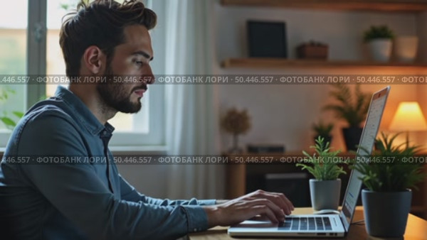 Adult modern age man, creative professional or office worker enjoys time at home. Work remotely during involuntary self isolation in quarantine. Comfortable workplace. Стоковое AI-видео, аниматор Sergey Grishin / Фотобанк Лори