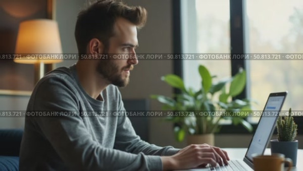 Adult modern age man, creative professional or office worker enjoys time at home. Work remotely during involuntary self isolation in quarantine. Comfortable work environment from c. Стоковое AI-видео, аниматор Sergey Grishin / Фотобанк Лори