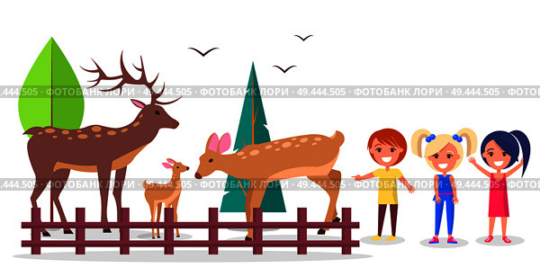 Adult stag and doe with their little fawn in forest cartoon style. Isolated vector illustration of deer family on white background, school children on excursion. Deer Family in Woods Isolated Cartoon Illustration. Стоковая иллюстрация, агентство Ingram Publishing / Фотобанк Лори