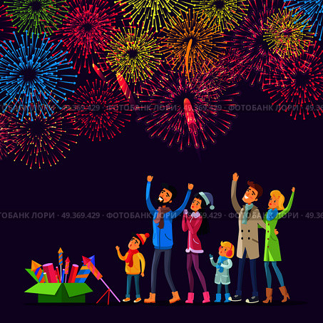 Adults and children watching explosion of colourful salutes in sky and green box with pyrotechnics near them. Vector illustration of people celebrating New Year with fireworks, holiday celebration. Fireworks. Adults and Children Watching Salutes. Стоковая иллюстрация, агентство Ingram Publishing / Фотобанк Лори