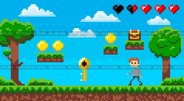 Adventure pixel game interface design layout. Videogame character collects coins, keys and chests. Hearts health indicators of man. Pixel 8 bit retro game. Guy goes to platforms to collect coins. Adventure pixel game interface design layout. Videogame character collects coins, keys and chests. Стоковая иллюстрация, агентство Ingram Publishing / Фотобанк Лори