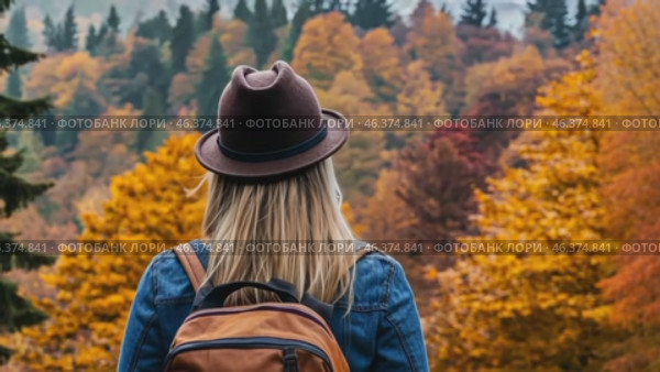 Adventurer among an Autumn Landscape. Back View of Young Woman Wearing Knitted Hat, Jacket, Backpack in Forest Woods Nature. Beauty and Adventure. Vibrant colorful fall scenery. Travel hike. Journey. Стоковое AI-видео, аниматор Марина Демидюк / Фотобанк Лори