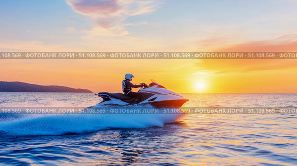 Adventurous person on modern jet ski speeding across calm ocean water during vibrant orange and yellow sunset. Стоковое AI-изображение, AI-художник Данила Большаков / Фотобанк Лори