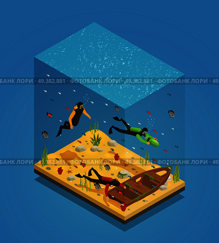 Adventurous scuba divers exploring sunken ship with underwater scooter equipment uncovering treasures isometric composition vector illustration . Scuba Divers Underwater Isometric Composition . Стоковая иллюстрация, агентство Ingram Publishing / Фотобанк Лори