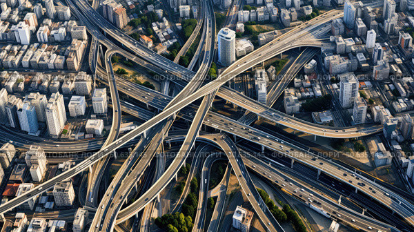 aerial city and road ai generated. Стоковое AI-изображение, AI-художник Vectorwin / Фотобанк Лори