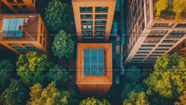 Aerial survey of modern urban structures with rooftop solar installations nestled among vibrant green trees. Стоковое AI-видео, аниматор Данила Большаков / Фотобанк Лори