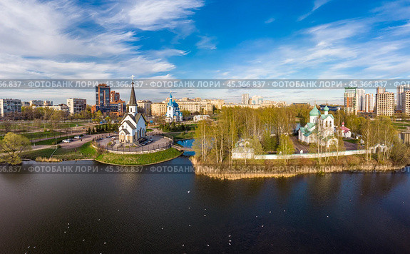 Aerial top View to St. George the Victorious Georgievskaya, Sergius Of Radonezh and Church Nativity of Christ and Srednerogatsky pond. Pulkovsky park. Saint Petersburg. Russia. Europe. Стоковое фото, фотограф Алексей Ширманов / Фотобанк Лори