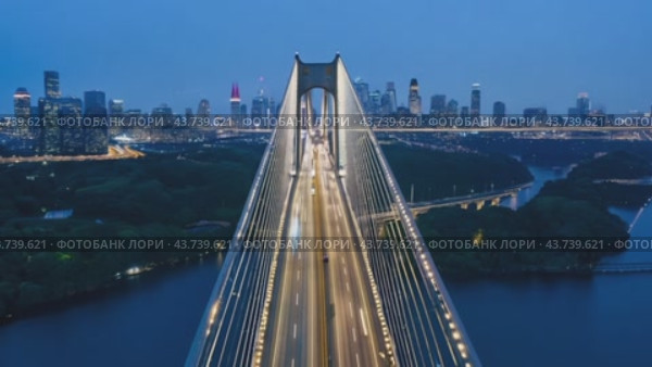 Aerial view of a magnificent bridge over water, with a stunning city skyline in the background. Стоковое AI-видео, аниматор Юрий Поздников / Фотобанк Лори