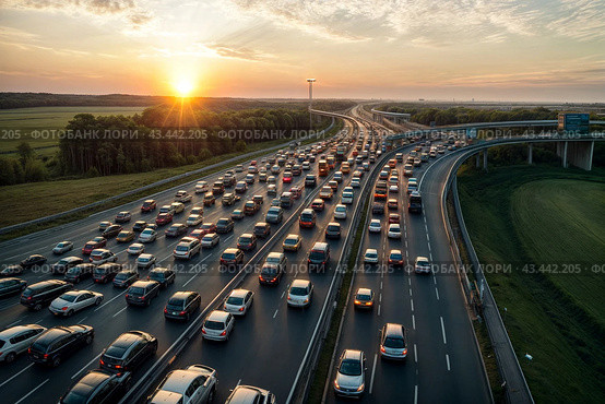 Aerial view of cars on road highway in traffic jam at sunset background. Traffic jam rush hour, cars in line, bumper to bumper, stuck in traffic at dusk. Urban transport concept. Copy ad text space. Стоковое AI-изображение, AI-художник Aleksandr Golubev / Фотобанк Лори