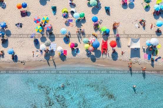 Aerial view of colorful umbrellas on sandy beach, swimming people in blue sea at sunset in summer. Sardinia, Italy. Tropical landscape with clear azure water. Travel and vacation. Top view of seaside. Стоковое фото, агентство Ingram Publishing / Фотобанк Лори