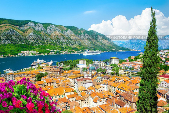 Aerial view of Kotor city and Kotor Bay, Montenegro. Стоковое фото, агентство Ingram Publishing / Фотобанк Лори