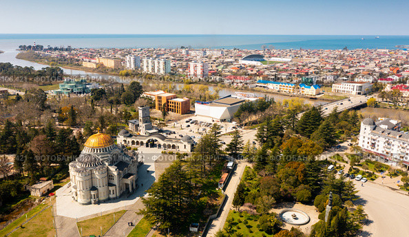 Aerial view of Poti cityscape with Orthodox Cathedral, Georgia. Стоковое фото, фотограф Яков Филимонов / Фотобанк Лори