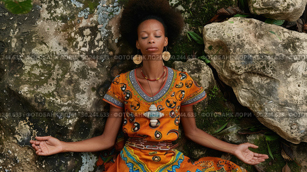 African American woman in a vibrant dress meditates peacefully against a rocky backdrop. Стоковое AI-изображение, AI-художник Данила Большаков / Фотобанк Лори