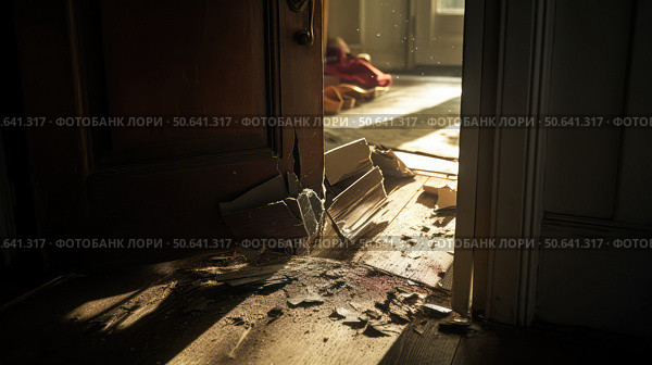 aftermath break in door ai generated. Стоковое AI-изображение, AI-художник Vectorwin / Фотобанк Лори