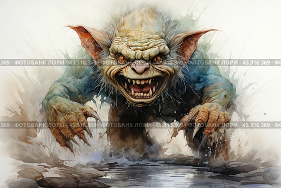 Aggressive goblin running out of the water. The goblin has green skin with blue tints, large pointed ears and sharp teeth, which he shows in a menacing grin. Its clawed paws are extended forward, giving the impression of movement and threat. The background of the image is blurred, which emphasizes the dynamism and aggressiveness of the goblin. The overall atmosphere of the image is dark and tense, ideal for science fiction or fantasy themes. Стоковое AI-изображение, AI-художник Анна Кривицкая / Фотобанк Лори