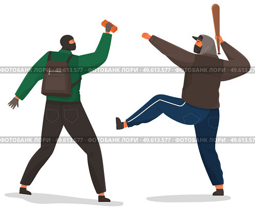 Aggressive men with a baseball bat and brick isolated on white. Problems of urban security. Crime on the streets. Masked criminal harms, destroys property, angry gangster. A gang of destroyers. Aggressive men with a baseball bat and brick isolated on white background. Street city bandit. Стоковая иллюстрация, агентство Ingram Publishing / Фотобанк Лори