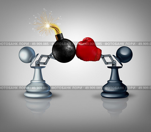 Aggressive strategy concept as two open chess pawns with a boxing glove fighting with an explosive bomb as a business competition metaphor for strategic advantage and prepared to win as a 3D illustration. Стоковое фото, агентство Ingram Publishing / Фотобанк Лори