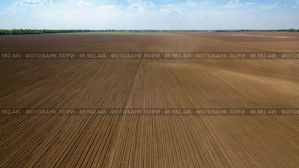 Agricultural landscape, plowed field in spring and forest in the distance against the blue sky, preparation of the earth for sowing works. Photo from the drone. Agricultural ploughed field and soil in spring against the blue sky. Photo from the drone. Стоковое фото, агентство Ingram Publishing / Фотобанк Лори