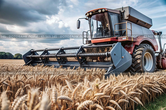 Agricultural machinery. Agricultural industry. The combine harvester removes golden ears of ripe wheat against the background of a ripening field. The concept of planting and harvesting a rich harvest. Rural landscape at sunset. Стоковое AI-изображение, AI-художник Photojuli / Фотобанк Лори