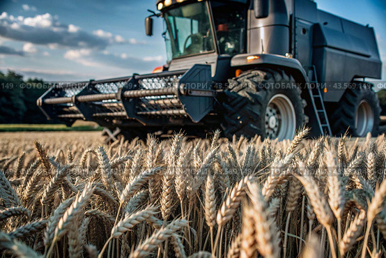 Agricultural machinery. Agricultural industry. The combine harvester removes golden ears of ripe wheat against the background of a ripening field. The concept of planting and harvesting a rich harvest. Rural landscape at sunset. Стоковое AI-изображение, AI-художник Photojuli / Фотобанк Лори