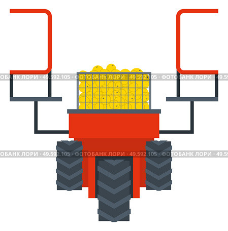 Agricultural machinery vector, isolated machine for harvesting and picking apples. Lifter with wheels and platform to stand, container with fruits apples. Harvest platform for pick organic products. Machinery for Harvesting, Agricultural Machine. Стоковая иллюстрация, агентство Ingram Publishing / Фотобанк Лори