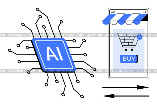 AI chip with circuit lines connected to a smartphone displaying a shopping cart and buy button. Ideal for e-commerce technology, innovation, artificial intelligence, online shopping, and digital. AI-Powered Online Shopping Concept with Circuit Board and Mobile E-Commerce. Стоковая иллюстрация, агентство Ingram Publishing / Фотобанк Лори