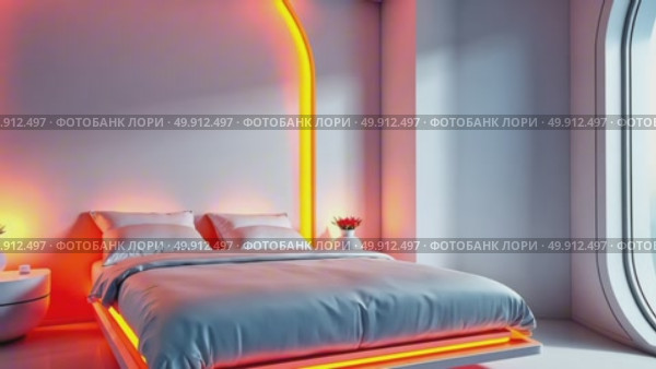 AI Generative Retrofuturism interior of the building, free space bedroom. Стоковое AI-видео, аниматор Spirit River / Фотобанк Лори