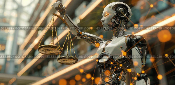 AI Robot Holding Scales of Justice in Front of Digital Cityscape. Стоковое AI-изображение, AI-художник Юлия Гапеенко / Фотобанк Лори