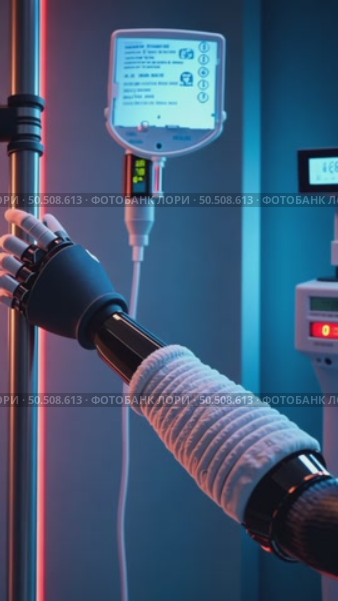 AI robotic arm with colorful sensors on it and blood transfusion station background. Стоковое AI-видео, аниматор Sergey Grishin / Фотобанк Лори