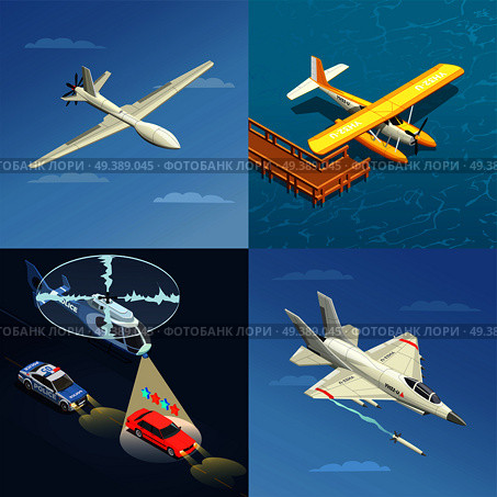 Airplanes helicopters isometric 2x2 design concept with images of different purpose aircrafts for military and civil use vector illustration. Airplanes Helicopters Design Concept. Стоковая иллюстрация, агентство Ingram Publishing / Фотобанк Лори