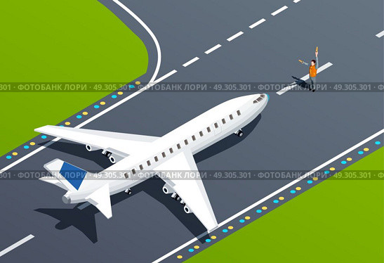 Airport Isometric Illustration. Plane on takeoff strip and airport employee 3d isometric vector illustration. Стоковая иллюстрация, агентство Ingram Publishing / Фотобанк Лори