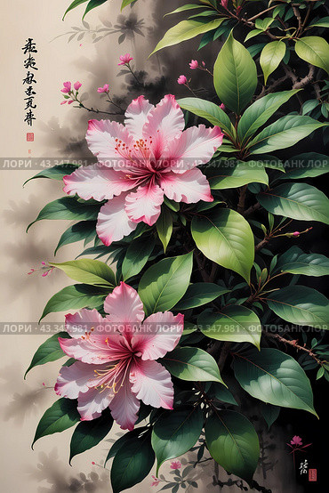 Акварель. Китайский, японский стиль рисования тушью. Цветы. Watercolour. Chinese, Japanese ink painting style. Flowers. Стоковое AI-изображение, AI-художник Гер Олег / Фотобанк Лори
