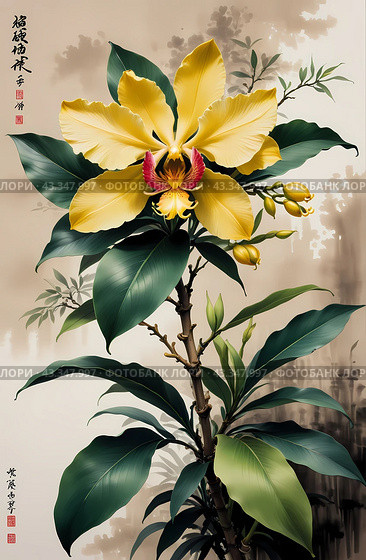 Акварель. Китайский, японский стиль рисования тушью. Цветы. Watercolour. Chinese, Japanese ink painting style. Flowers. Стоковое AI-изображение, AI-художник Гер Олег / Фотобанк Лори