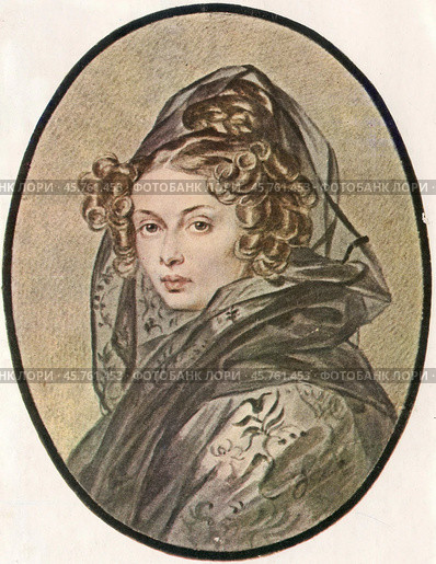 Александра Григорьевна Муравьева (урождённая графиня Чернышёва, 1804-1832), сестра декабриста Захара Григорьевича Чернышёва, жена декабриста Никиты Михайловича Муравьёва, последовавшая за ним в Сибирь. 1826 год. Стоковое фото, фотограф Сергей Елизарьев / Фотобанк Лори