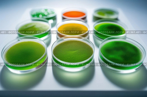 Algae, microalgae in petri dishes research in laboratories. biotechnology, science. Macro. Biofuel research process in laboratory. Generative AI. Стоковое AI-изображение, AI-художник Ольга Ильина / Фотобанк Лори