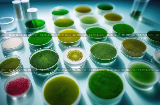 Algae, microalgae in petri dishes research in laboratories. biotechnology, science. Macro. Biofuel research process in laboratory. Generative AI. Стоковое AI-изображение, AI-художник Ольга Ильина / Фотобанк Лори