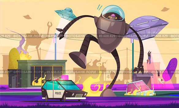Alien ufo composition with outdoor view of city under extraterrestrial invasion with burning cars walking cyborg vector illustration. Walking Alien Apocalypse Composition. Стоковая иллюстрация, агентство Ingram Publishing / Фотобанк Лори