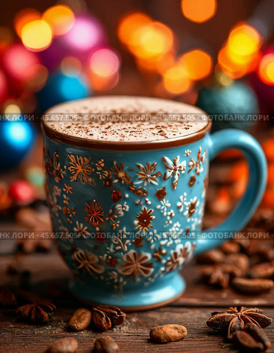 All over the world, December 13 is celebrated as World Hot Cocoa Day. This delicious drink is loved for its thick, rich taste and is valued for its wealth of useful microelements. Стоковое AI-изображение, AI-художник Сергей Елизарьев / Фотобанк Лори