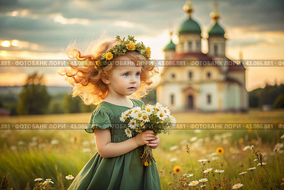 All-Russian day of family, love, fidelity. A beautiful little curly-haired girl with a bouquet of daisies on the background of an Orthodox church. Valentine's Day of Peter and Fevronia. Стоковое AI-изображение, AI-художник Photojuli / Фотобанк Лори