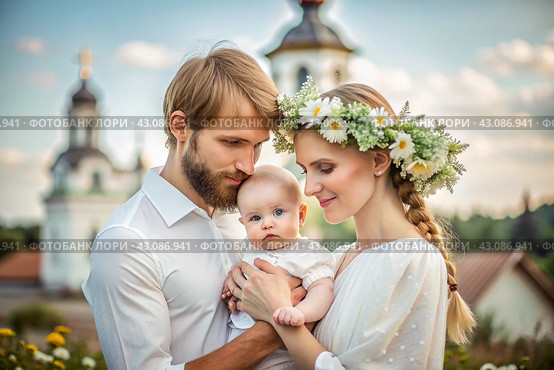 All-Russian day of family, love, fidelity. A man and a woman with daisies with a baby in their arms against the background of an Orthodox church. Valentine's Day of Peter and Fevronia. Стоковое AI-изображение, AI-художник Photojuli / Фотобанк Лори