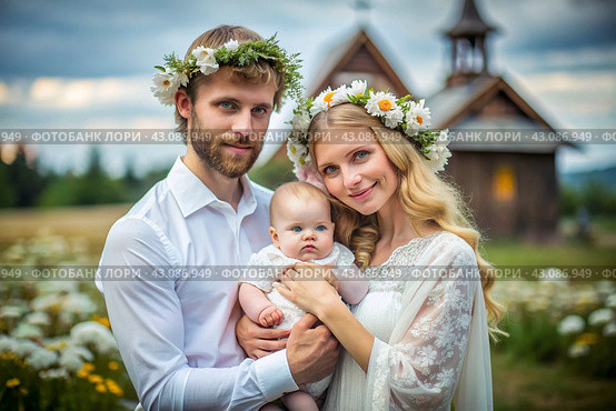 All-Russian day of family, love, fidelity. A man and a woman with daisies with a baby in their arms against the background of an Orthodox church. Valentine's Day of Peter and Fevronia. Стоковое AI-изображение, AI-художник Photojuli / Фотобанк Лори