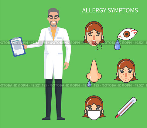 Allergy symptoms poster, cough and rhinitis with high temperature and headache. . Seasonal flu symptoms vector poster with doctor and fever symbols. Allergy Symptoms Poster, Cough and Rhinitis Vector. Стоковая иллюстрация, агентство Ingram Publishing / Фотобанк Лори