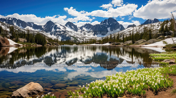 alpine springtime mountains ai generated. Стоковое AI-изображение, AI-художник Vectorwin / Фотобанк Лори