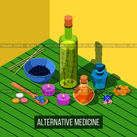 Alternative medicine isometric composition with elements of homeopathy apitherapy acupuncture phytotherapy aromatherapy  healing vector illustration . Alternative Medicine Isometric Composition. Стоковая иллюстрация, агентство Ingram Publishing / Фотобанк Лори