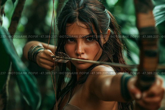 Amazon, Young female archer in jungle. Стоковое AI-изображение, AI-художник Михаил Коханчиков / Фотобанк Лори
