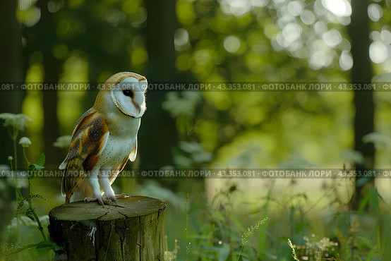 Амбарная сова (Tyto alba) сидит на пеньке на опушке леса. Стоковое AI-изображение, AI-художник Щеголева Ольга / Фотобанк Лори