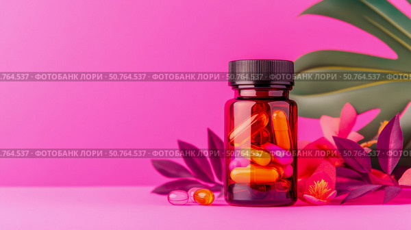 Amber Bottle of Capsules with Tropical Flowers on Pink Surface. Стоковое AI-изображение, AI-художник Данила Большаков / Фотобанк Лори